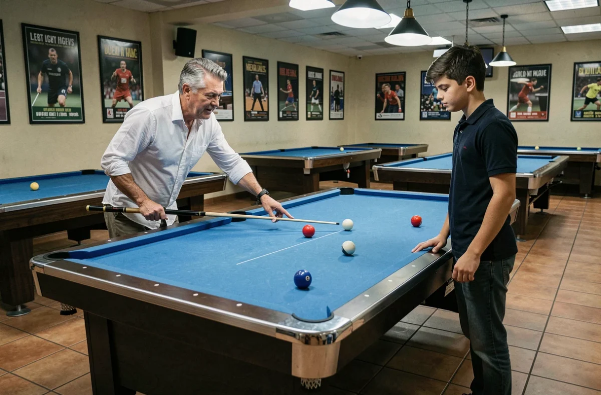 Entraîneur de billard expliquant les angles de rotation en degré à un élève devant une table de tournoi