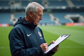 Entraîneur de football professionnel étudiant sa feuille de composition tactique avant un grand match de Ligue des Champions