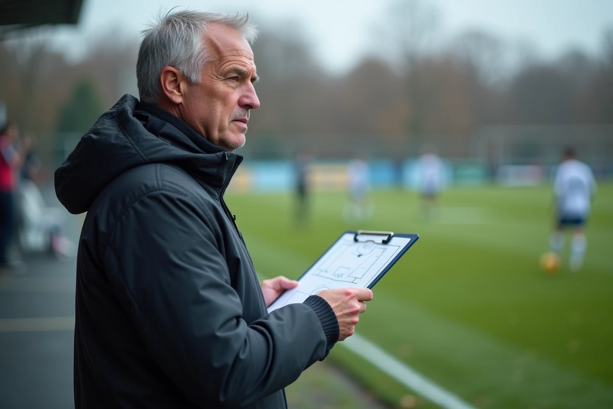 Entraîneur du FC Versailles 78 analysant la tactique en bord de terrain avec un tableau de jeu pour influencer le classement 2026