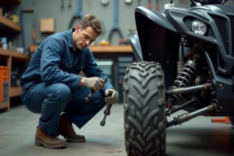 Mécanicien ajustant la suspension d'un Yamaha Raptor 700 dans un atelier de mécanique professionnel