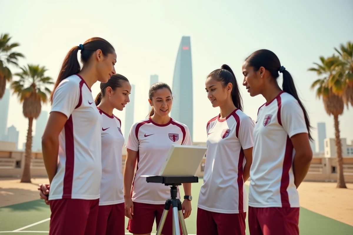 Équipe d'athlètes qataris en tenue officielle réunis autour d'une entraîneuse sur une piste d'athlétisme à Doha