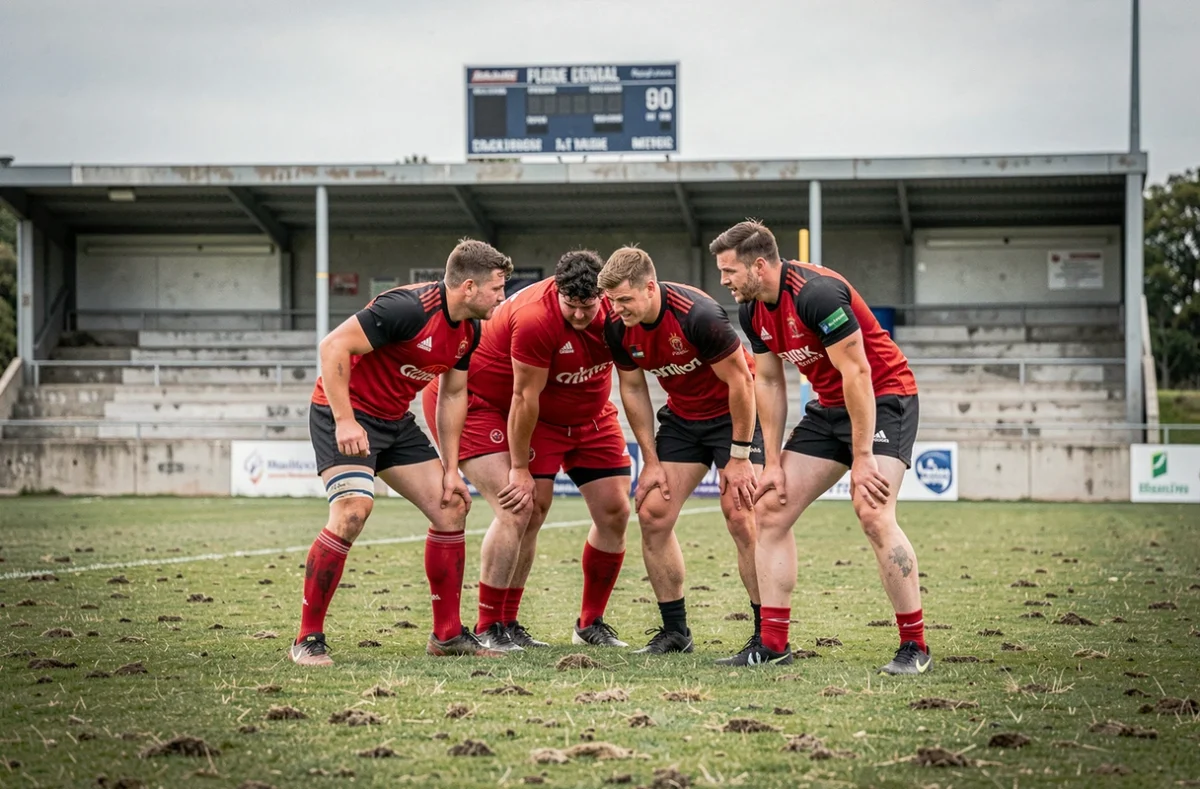 Groupe de joueurs de rugby en discussion tactique après un match de Fédérale 1 Poule 3, terrain provincial