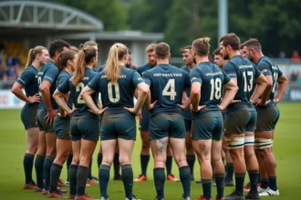 Groupe de joueurs de rugby en rassemblement sur le terrain