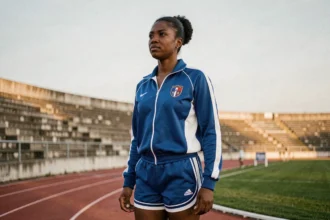 Portrait d'une athlète française de haies en tenue vintage sur une piste d'athlétisme, regard déterminé vers l'horizon