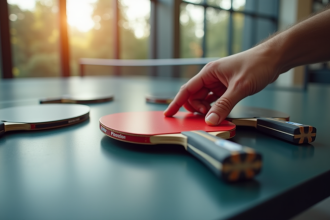 Main examinant différentes raquettes de ping pong sur un comptoir lumineux