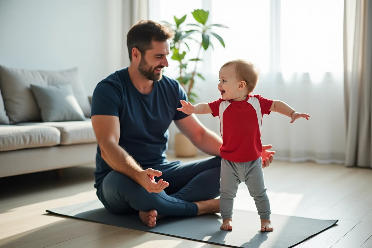 Papa guidant son enfant de 3 ans dans un exercice d'équilibre sur un tapis de yoga dans le salon pendant une séance de sport en famille