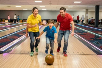 Famille avec enfants jouant au bowling dans une salle moderne, rires et ambiance festive au Planet Bowling de Lomme
