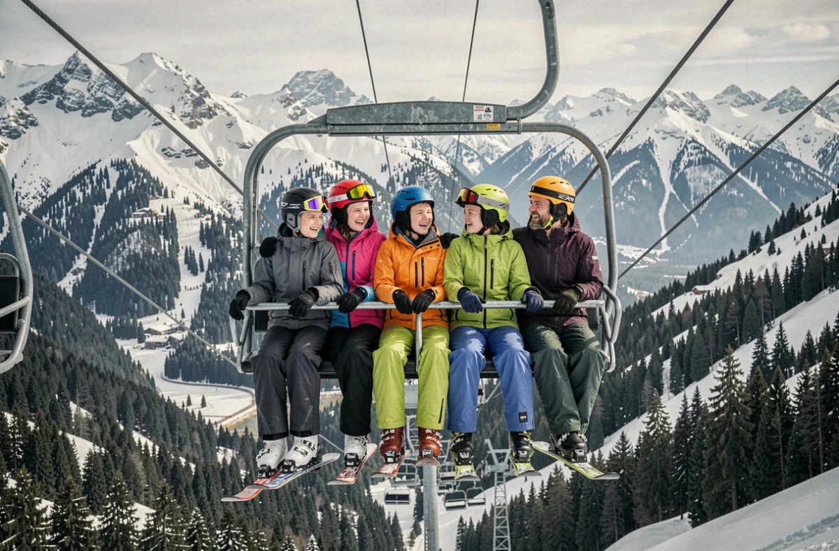 Famille en télésiège profitant d'un forfait ski aux Sept Laux en hiver
