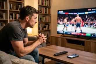 Fan de catch regardant une émission de lutte professionnelle WWE sur grand écran avec son smartphone affichant des actualités wrestling