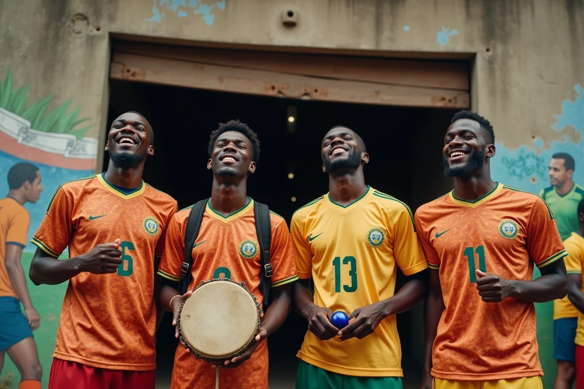 Groupe de supporters congolais chantant et jouant du tambour devant le stade avant un match