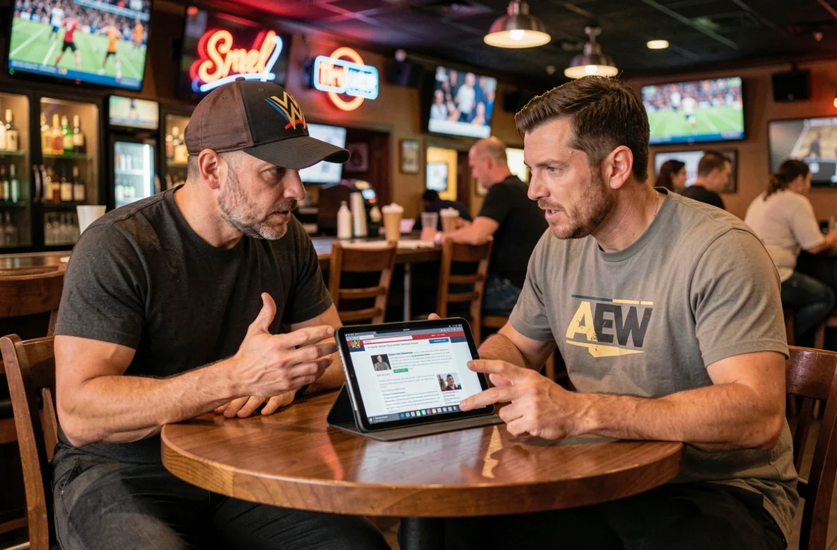 Deux fans de catch WWE et AEW comparant les audiences et les actualités sur une tablette dans un bar sportif