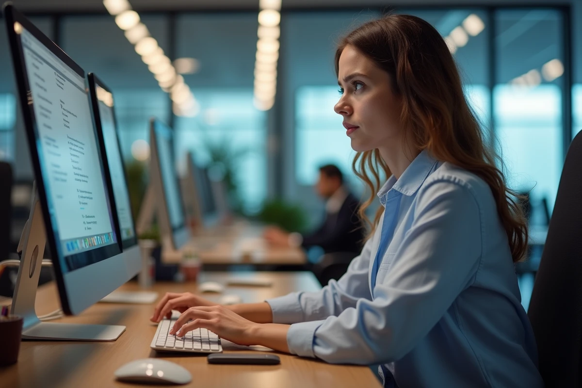 Femme au bureau regardant son écran avec souci
