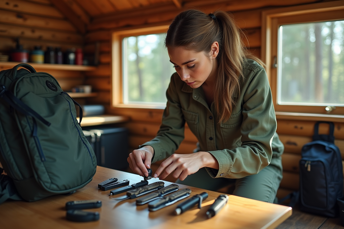 Jeune femme organisant ses outils dans une cabane en bois