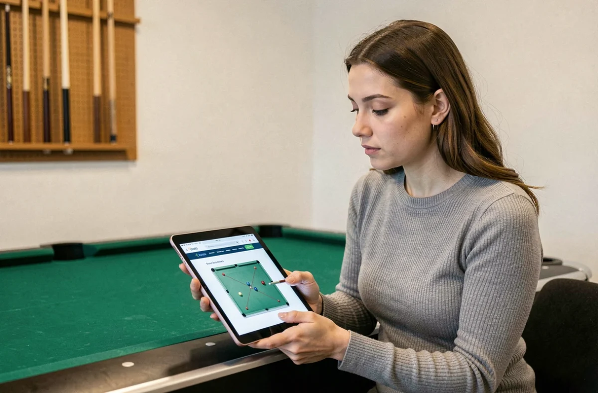 Femme consultant un diagramme d'angles de billard sur tablette numérique près d'une table de jeu