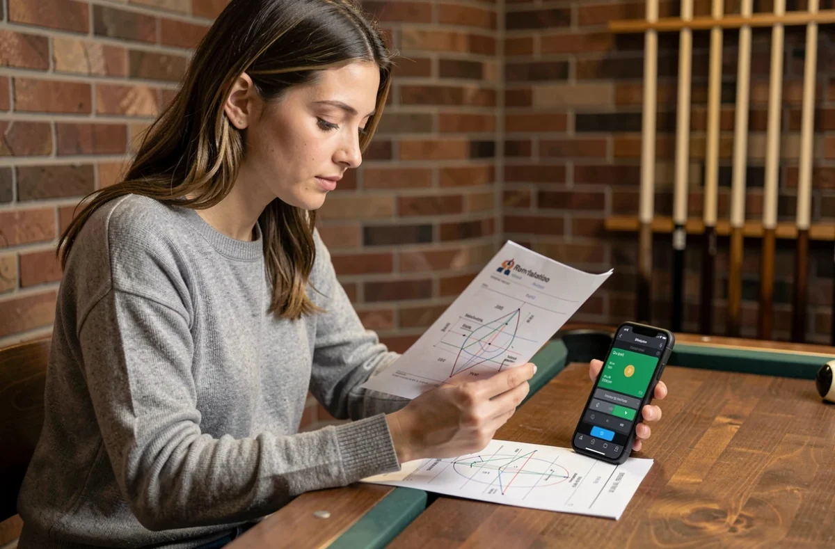 Femme consultant une calculette de rotation en degré pour le billard sur smartphone avec tableau de données