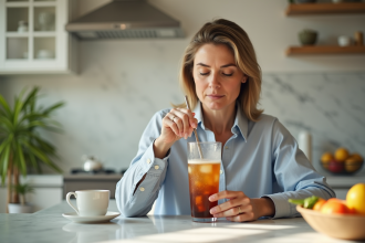 Femme d'âge moyen sirotant un soda dans une cuisine moderne