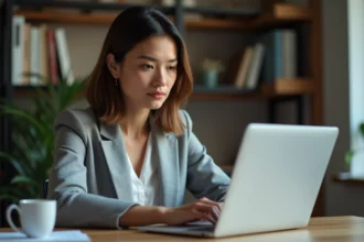 Femme consultant l'espace en ligne SIF FFE sur un ordinateur portable dans un bureau à domicile