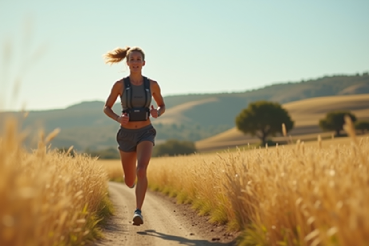 Femme en course dans un champ ensoleille