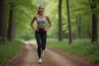 Femme en tenue de sport en pleine course en forêt