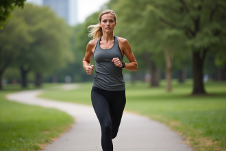 Femme sportive courant dans un parc urbain verdoyant