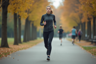 Jeune femme courant dans un parc urbain en pleine nature