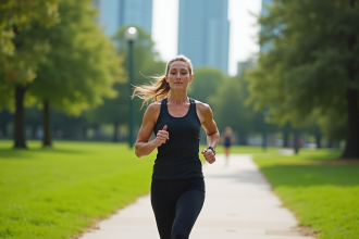 Femme sportive courant dans un parc urbain verdoyant