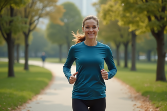 Femme en course dans un parc urbain au matin