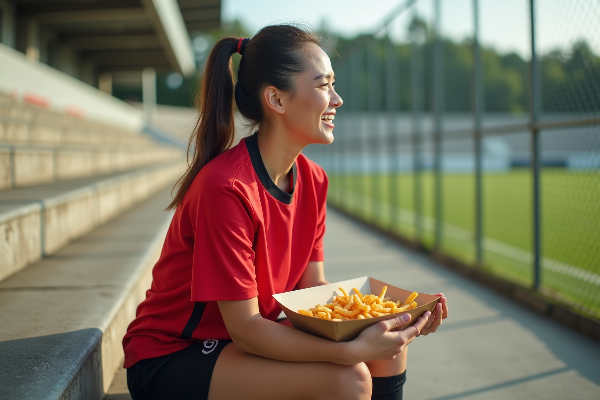 Footballeuse souriante dégustant des frites en extérieur