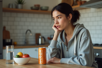 Jeune femme en tenue décontractée buvant une boisson énergisante à la maison