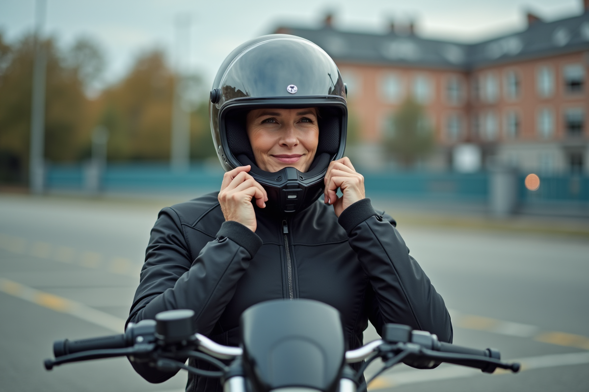 Femme en moto urbaine en train de fixer son casque