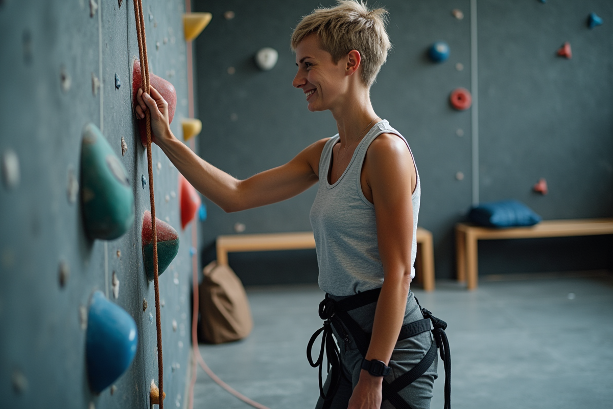 Femme préparant son équipement dans une salle d