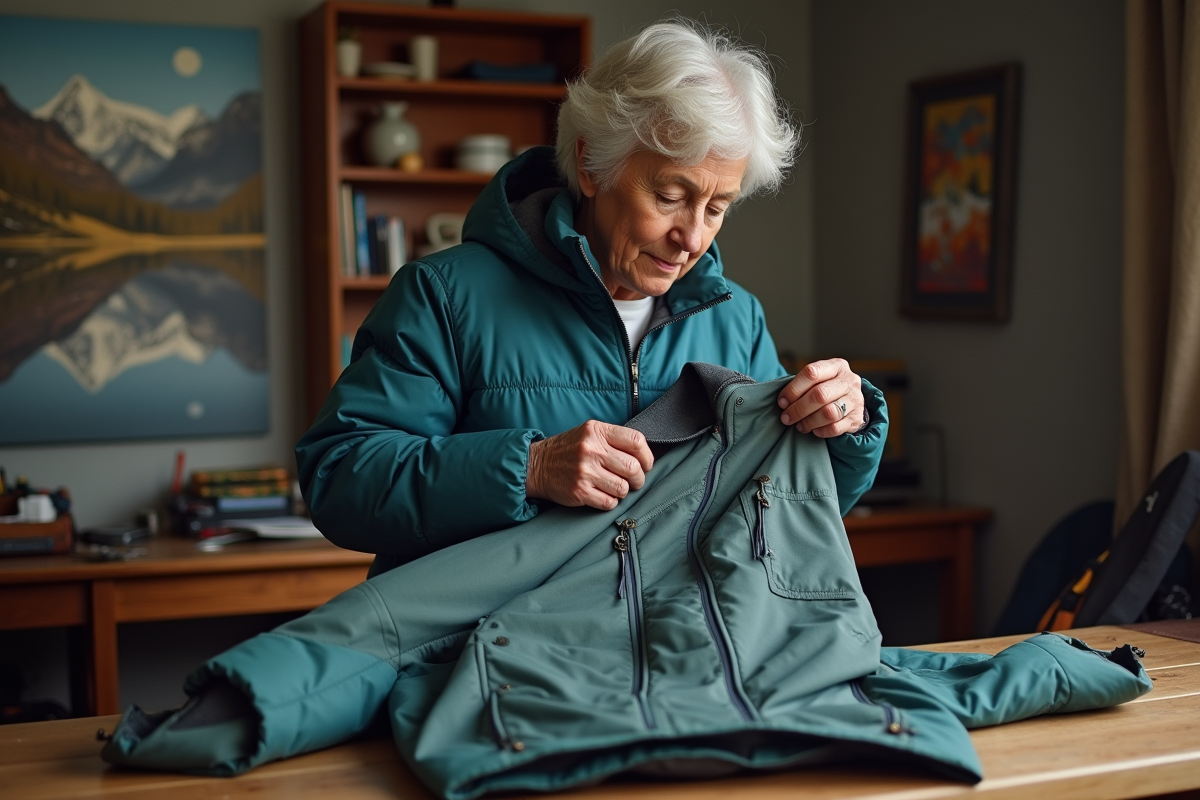 Femme âgée vérifiant une veste GoreTex lors d