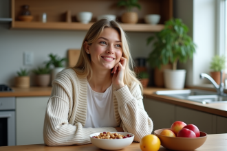 Jeune femme dégustant fruits et noix dans une cuisine chaleureuse