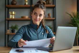 Jeune femme en sport analyse un tableau dans un bureau