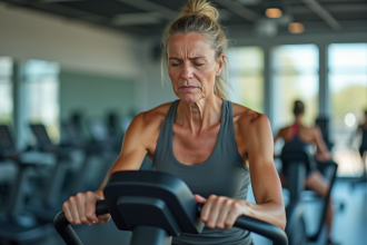 Femme sportive fatiguée utilisant un elliptique en salle