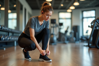 Jeune femme en leggings et t-shirt sport dans une salle de gym