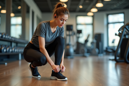 Jeune femme en leggings et t-shirt sport dans une salle de gym