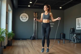Femme en entraînement saut à la corde en intérieur