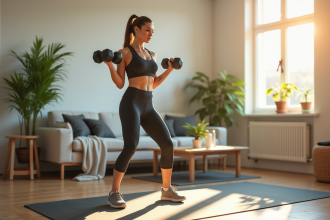 Femme sportive soulevant des haltères dans un salon lumineux