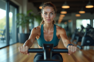 Femme sportive en salle de sport utilisant un rameur