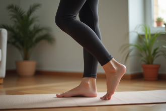 Femme d'âge moyen vérifiant l'alignement de ses pieds sur un tapis de yoga