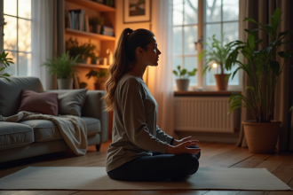Femme en yoga relaxation dans un salon cosy en soirée