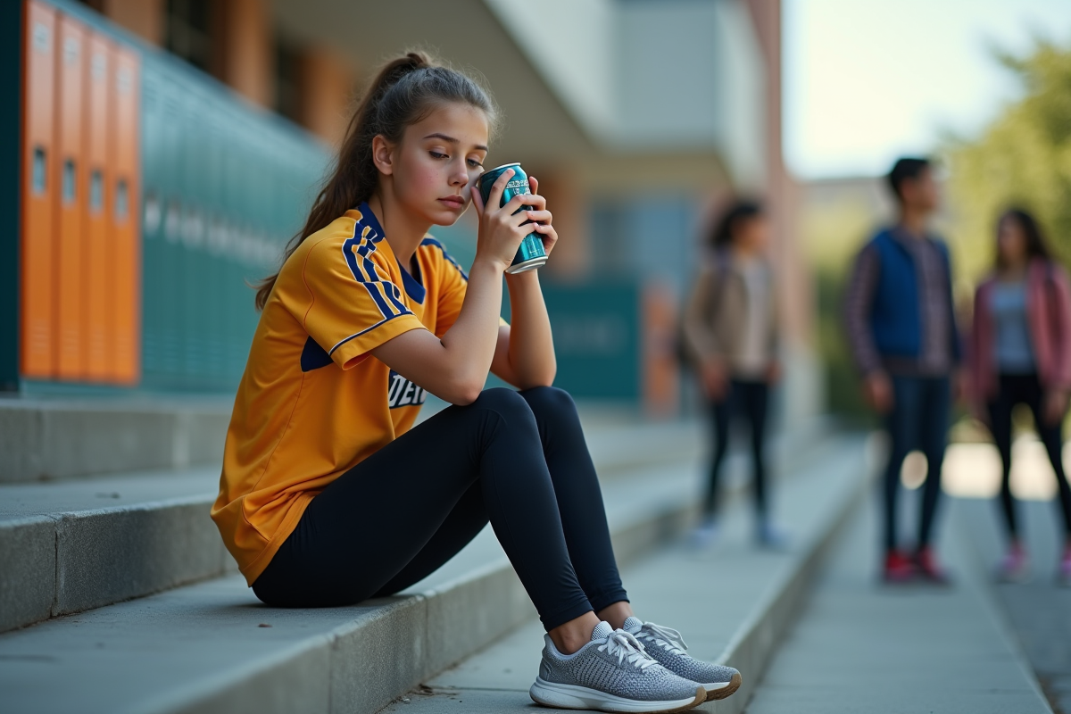 Fille adolescente assise sur les marches avec canette d