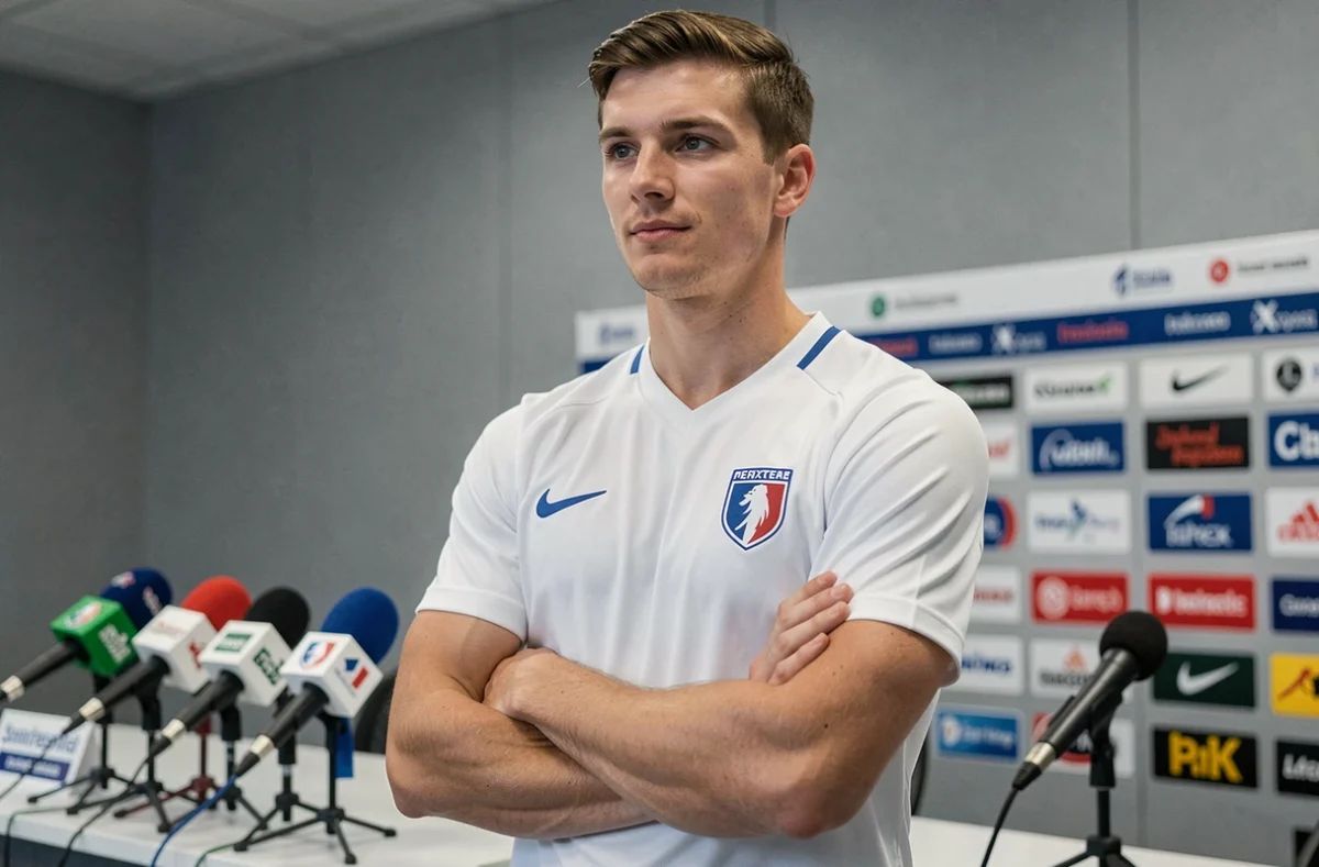 Portrait d'un jeune footballeur français en conférence de presse, illustrant un article sur les origines et la famille de Matthis Abline