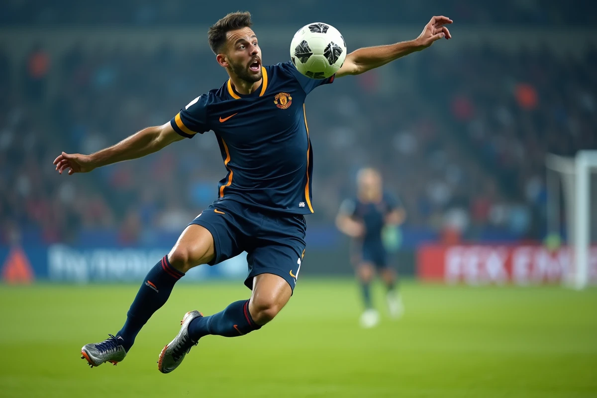 Footballeur professionnel en saut pour une tête de balle au-dessus d'un terrain de football avec stade en arrière-plan