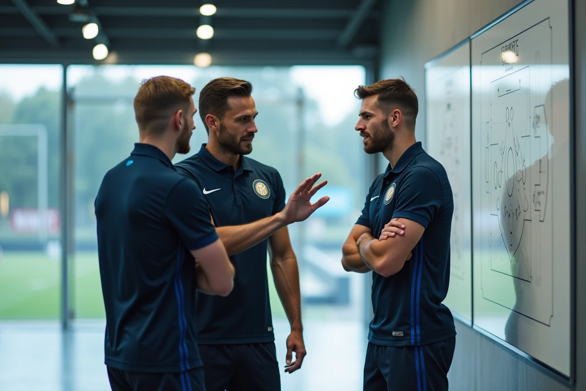 Deux footballeurs de l'Inter Milan discutant de tactique dans un centre d'entraînement moderne, symbolisant le projet sportif attractif du club