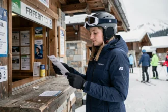 Skieuse consultant les tarifs de forfait aux Sept Laux au guichet de la station