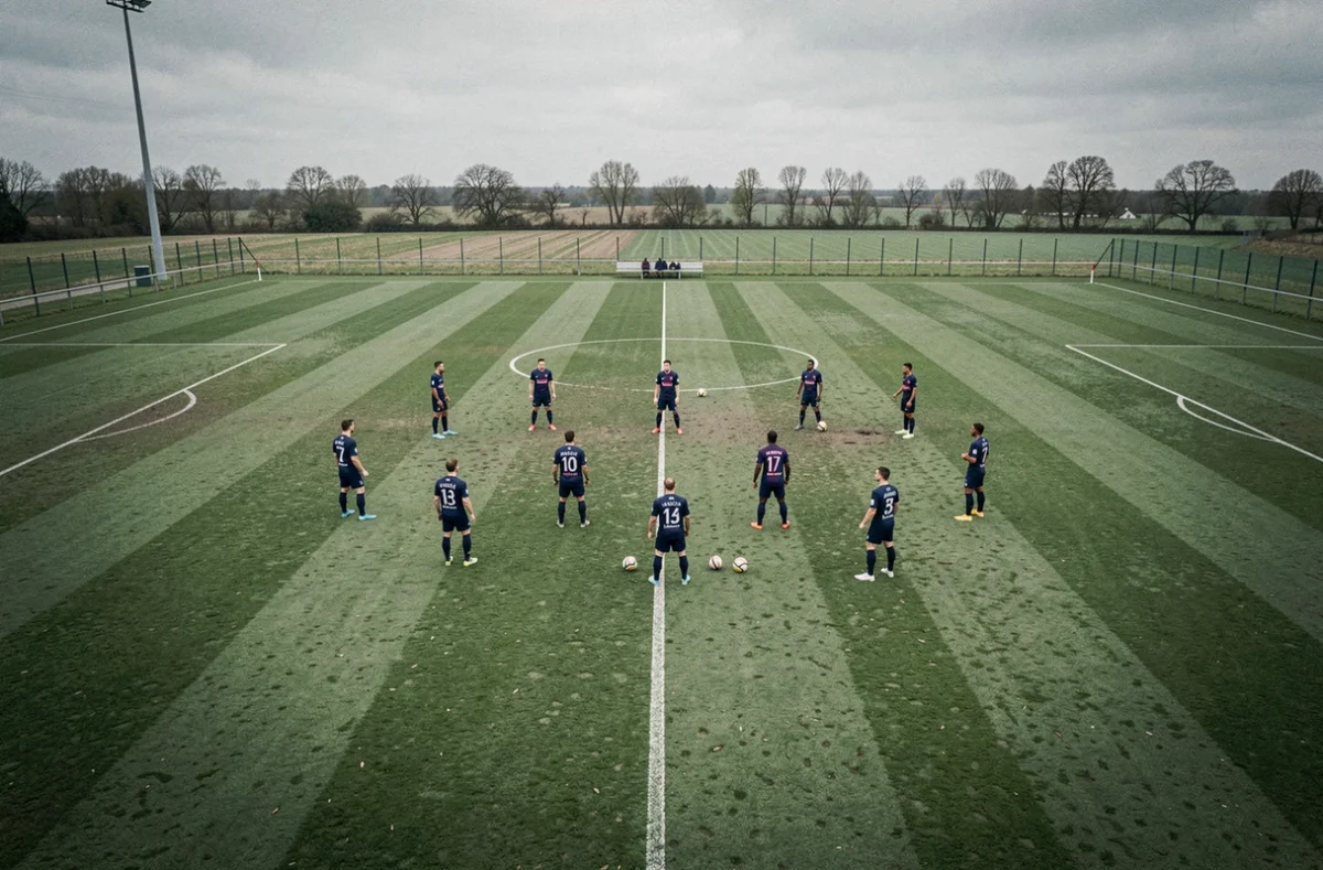 Vue aérienne de la formation tactique complète du PSG sur le terrain d'entraînement, composition type 4-3-3 en maillot d'entraînement