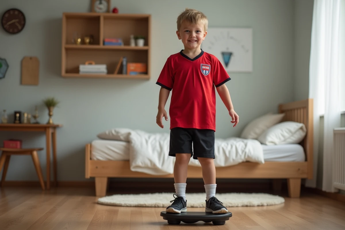 Garçon en équilibre sur une planche dans une chambre moderne