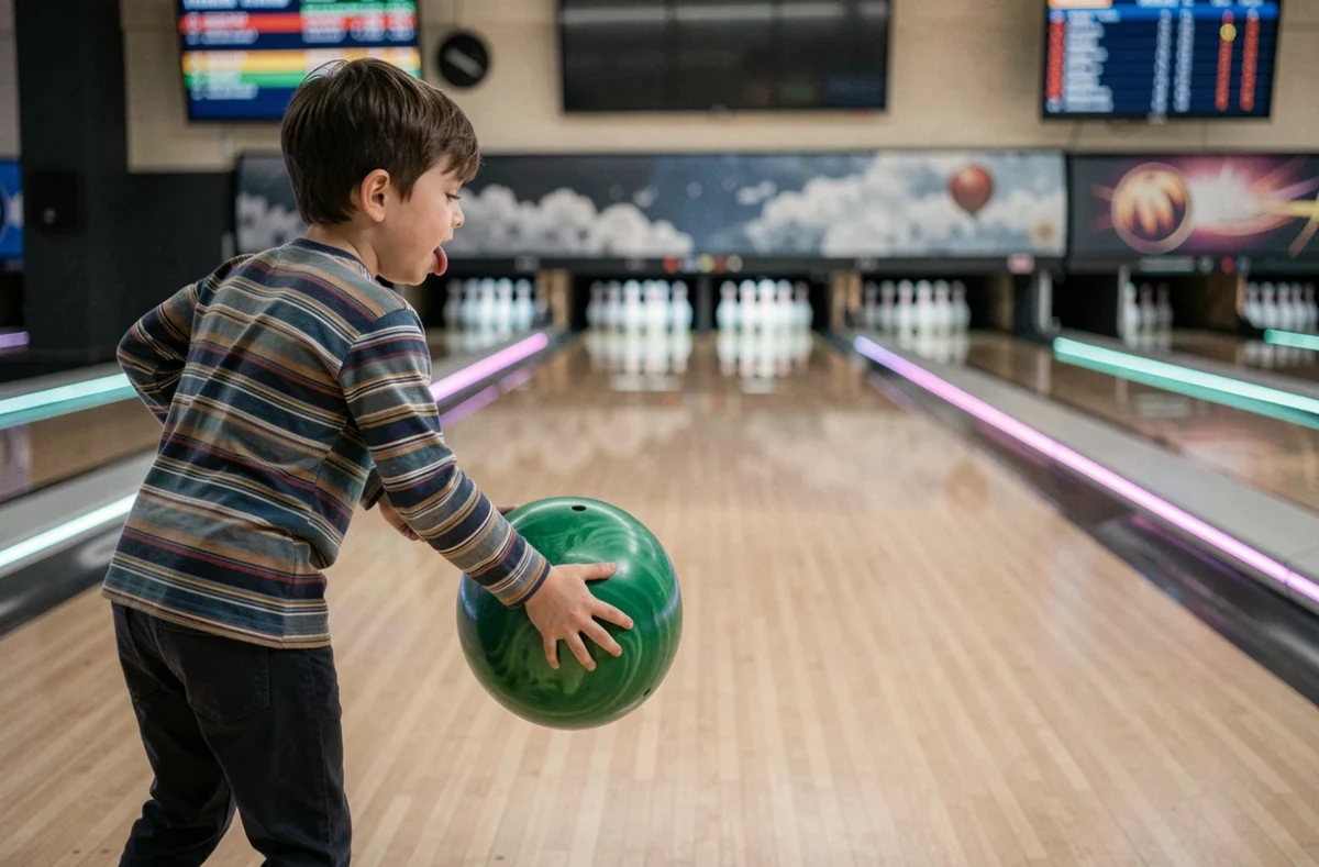 Jeune garçon concentré avant de lancer sa boule de bowling sur la piste au Planet Bowling de Lomme